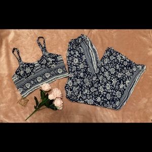 Boho Navy Blue two piece matching pants set w/ top
